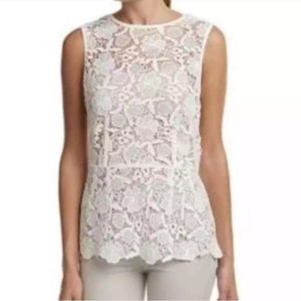 CABI Off White Sheer Needle Floral Lace Shell Peplum Tank Top #800 Size Medium